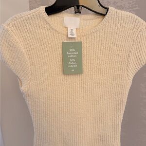 H&M Cream Textured Ribbed Short Sleeve Sweater